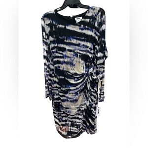 DKNY Navy Black and Cream Abstract Ruched Long Sleeve Dress ( NWT)
